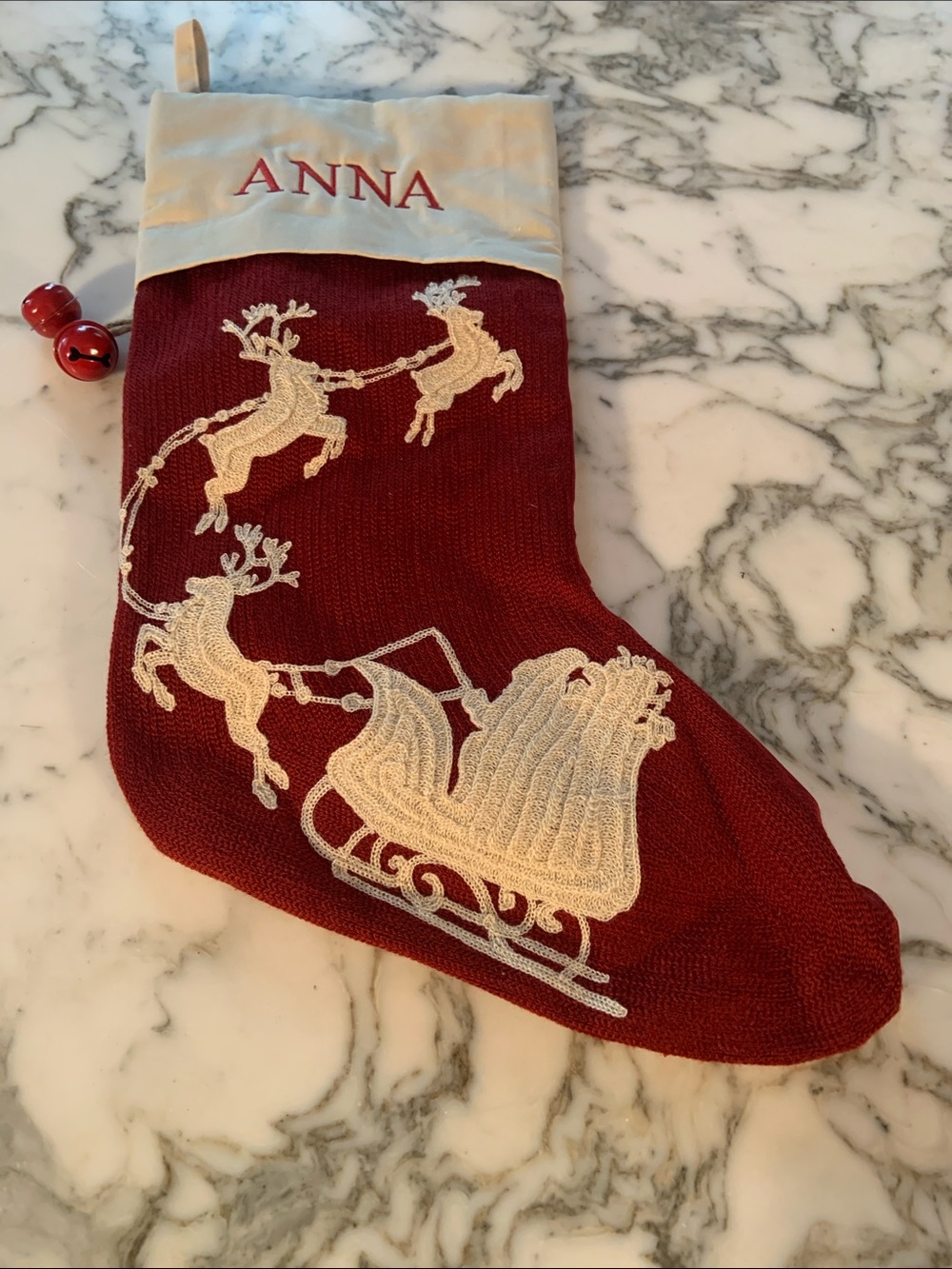 Pottery Barn Red and Cream Embroidered Santa Reindeer Stocking Anna